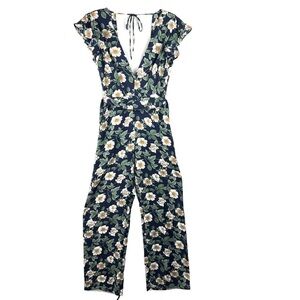 New-shop17 Floral Print Deep V-neck, Open Tie Back, Wide Leg One Piece Jump Suit